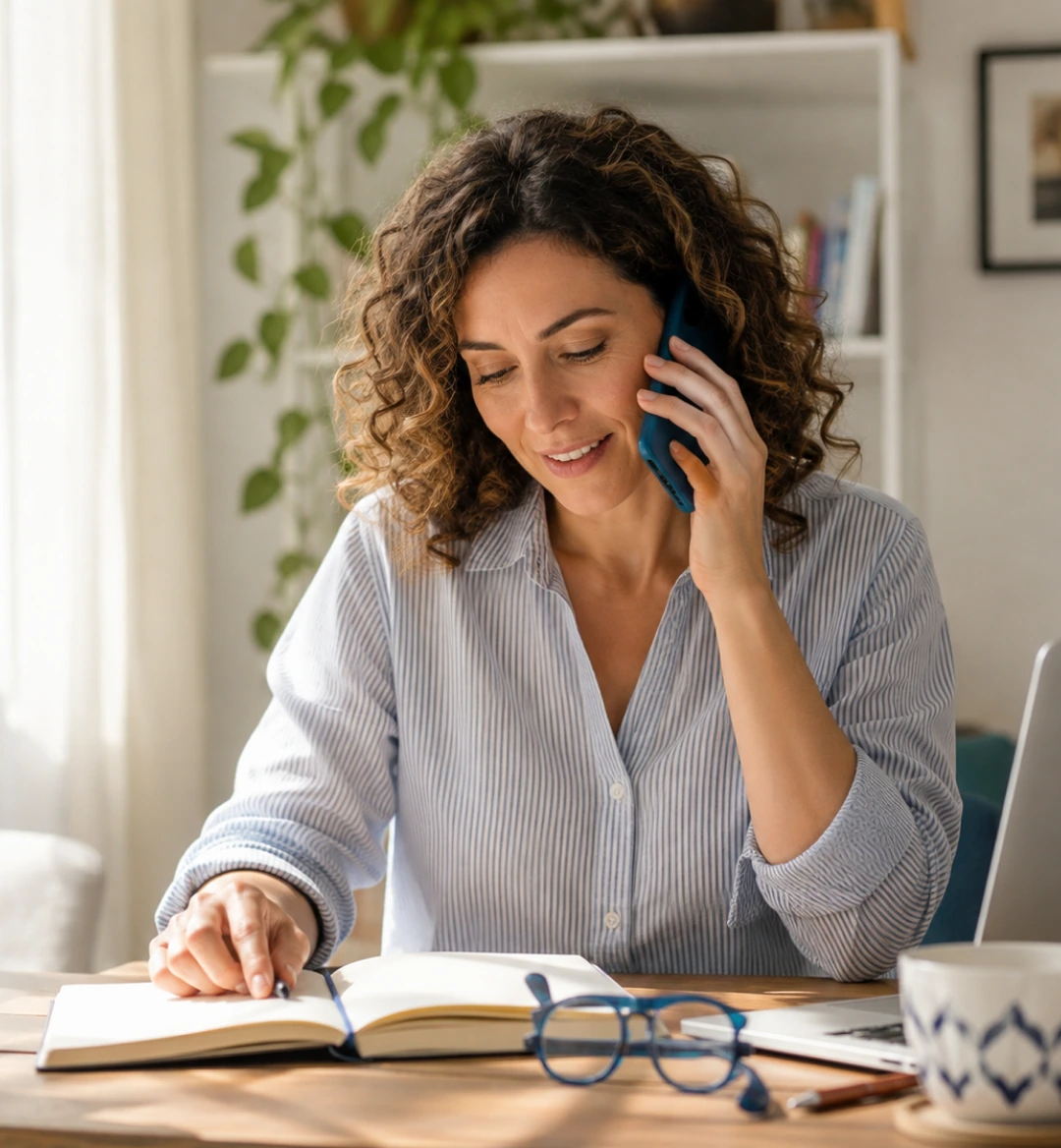 Donna al telefono mentre scrive su un taccuino, prestito per liquidità